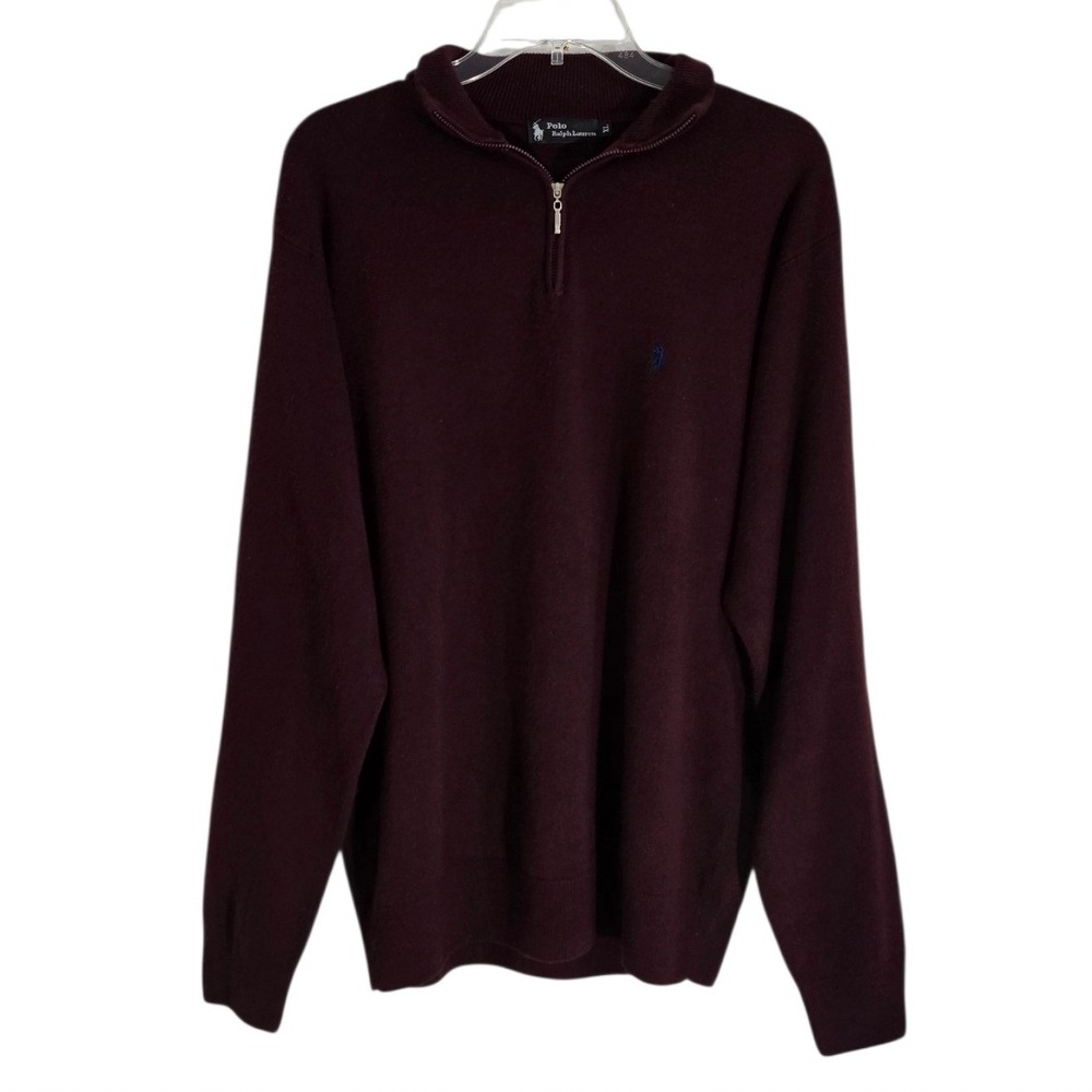 Polo Ralph Lauren Burgundy 100% Cashmere Quarter Zip Sweater Mens XL Blue Pony